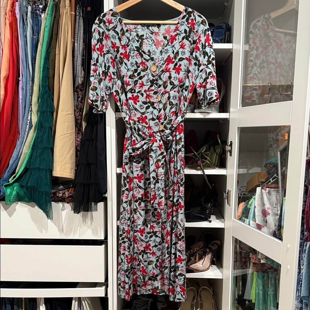 Zara Red and Green Floral Midi Dress